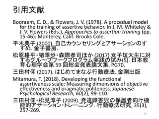 引用文献
Booraem, C. D., & Flowers, J. V. (1978). A procedual model
for the training of assertive behavior. In J. M. Whiteley &
J. V. Flowers (Eds.), Approaches to assertion training (pp.
15-46): Monterey, Calif: Brooks Cole.
平木典子 (2000). 自己カウンセリングとアサーションのす
すめ. 金子書房.
松原耕平・猪澤歩・森際孝司ほか (2017) 女子短大生に対
するグループワークプログラム実践の試み(5). 日本教
育心理学会第 59 回総会発表論文集. PG70.
三田村仰 (2017). はじめてまなぶ行動療法. 金剛出版
Mitamura, T. (2018). Developing the functional
assertiveness scale: Measuring dimensions of objective
effectiveness and pragmatic politeness. Japanese
Psychological Research, 60(2), 99-110.
三田村仰・松見淳子 (2009). 発達障害児の保護者向け機
能的アサーション・トレーニング. 行動療法研究, 35(3),
257-269. 25
 