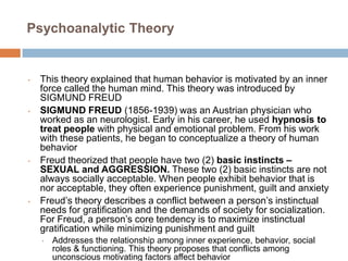 Psychoanalytic Theory

•

•

•

•

This theory explained that human behavior is motivated by an inner
force called the human mind. This theory was introduced by
SIGMUND FREUD
SIGMUND FREUD (1856-1939) was an Austrian physician who
worked as an neurologist. Early in his career, he used hypnosis to
treat people with physical and emotional problem. From his work
with these patients, he began to conceptualize a theory of human
behavior
Freud theorized that people have two (2) basic instincts –
SEXUAL and AGGRESSION. These two (2) basic instincts are not
always socially acceptable. When people exhibit behavior that is
nor acceptable, they often experience punishment, guilt and anxiety
Freud’s theory describes a conflict between a person’s instinctual
needs for gratification and the demands of society for socialization.
For Freud, a person’s core tendency is to maximize instinctual
gratification while minimizing punishment and guilt
•

Addresses the relationship among inner experience, behavior, social
roles & functioning. This theory proposes that conflicts among
unconscious motivating factors affect behavior

 