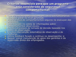 Critérios essenciais para que um programaCritérios essenciais para que um programa
seja considerado de segurançaseja considerado de segurança
comportamental:comportamental:
• Que ele envolva participação significativa dos funcionários.Que ele envolva participação significativa dos funcionários.
Não deve parar no nível gerencial;Não deve parar no nível gerencial;
• Vise a pratica de comportamentos seguros na execuçao dasVise a pratica de comportamentos seguros na execuçao das
atividades;atividades;
• Seja baseado na coleta de informações sobreSeja baseado na coleta de informações sobre
comportamentos observáveis;comportamentos observáveis;
• Envolva processos de tomada de decisão baseada nosEnvolva processos de tomada de decisão baseada nos
dados de observação;dados de observação;
• Envolva intervenção sistemática de observação e deEnvolva intervenção sistemática de observação e de
melhoria;melhoria;
• UtilizaUtiliza feedbackfeedback focado e contínuo no desempenho; efocado e contínuo no desempenho; e
• Requer visível manutenção de apoio dos gerentes e daRequer visível manutenção de apoio dos gerentes e da
supervisão direta dos empregados.supervisão direta dos empregados.
 