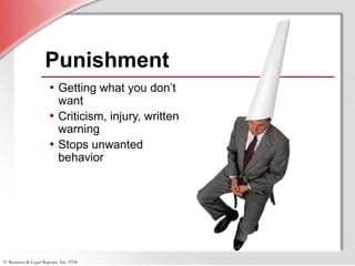 © Business & Legal Reports, Inc. 0706
Punishment
• Getting what you don’t
want
• Criticism, injury, written
warning
• Stops unwanted
behavior
 