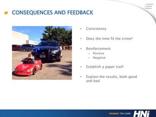 CONSEQUENCES AND FEEDBACK
• Consistency
• Does the time fit the crime?
• Reinforcement
– Positive
– Negative
• Establish a paper trail!
• Explain the results, both good
and bad
 