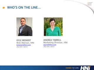KYLE MEINERT
Risk Advisor, HNI
kmeinert@hni.com
262.641.5814
WHO’S ON THE LINE…
ANDREA TARRELL
Marketing Director, HNI
atarrell@hni.com
262.641.5813
 
