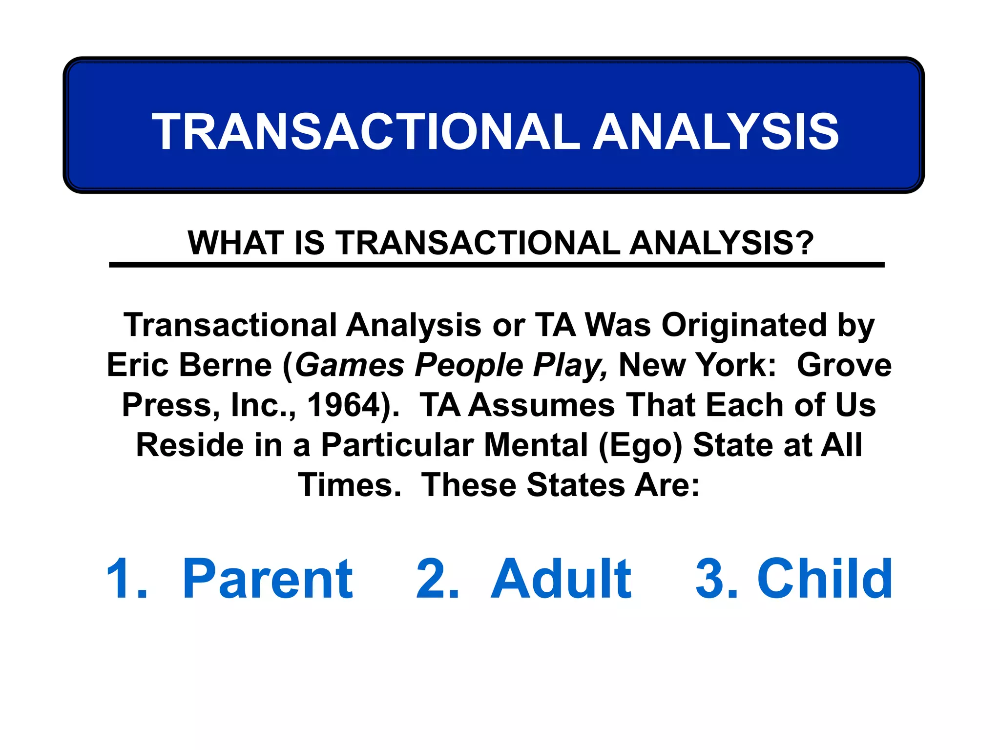 TRANSACTIONAL ANALYSIS
Transactional Analysis or TA Was Originated by
Eric Berne (Games People Play, New York: Grove
Press, Inc., 1964). TA Assumes That Each of Us
Reside in a Particular Mental (Ego) State at All
Times. These States Are:
1. Parent 2. Adult 3. Child
WHAT IS TRANSACTIONAL ANALYSIS?
 