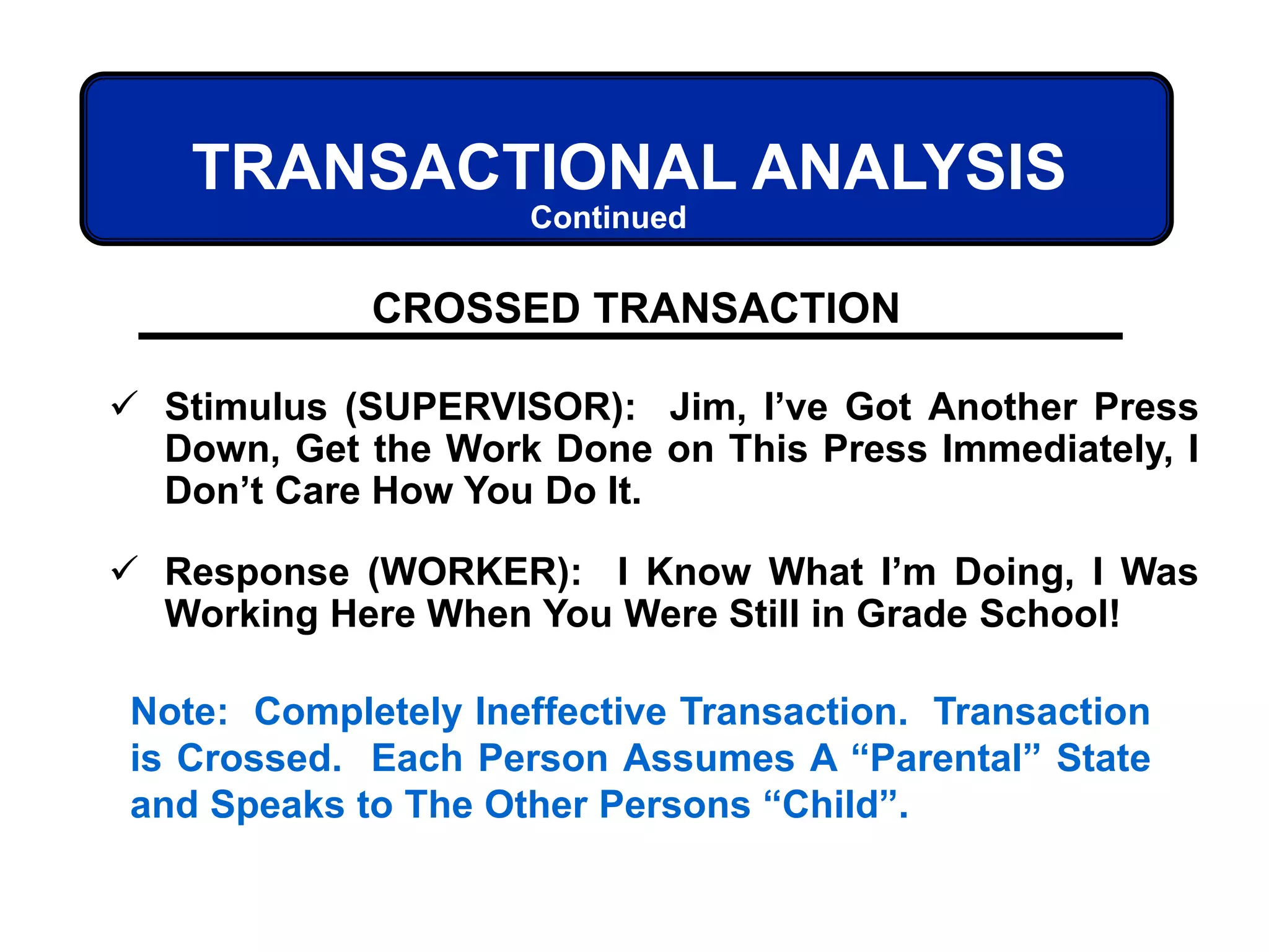 TRANSACTIONAL ANALYSIS
CROSSED TRANSACTION
 Stimulus (SUPERVISOR): Jim, I’ve Got Another Press
Down, Get the Work Done on This Press Immediately, I
Don’t Care How You Do It.
 Response (WORKER): I Know What I’m Doing, I Was
Working Here When You Were Still in Grade School!
Note: Completely Ineffective Transaction. Transaction
is Crossed. Each Person Assumes A “Parental” State
and Speaks to The Other Persons “Child”.
Continued
 