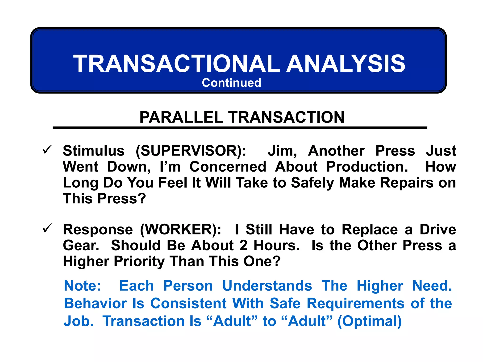 TRANSACTIONAL ANALYSIS
PARALLEL TRANSACTION
 Stimulus (SUPERVISOR): Jim, Another Press Just
Went Down, I’m Concerned About Production. How
Long Do You Feel It Will Take to Safely Make Repairs on
This Press?
 Response (WORKER): I Still Have to Replace a Drive
Gear. Should Be About 2 Hours. Is the Other Press a
Higher Priority Than This One?
Note: Each Person Understands The Higher Need.
Behavior Is Consistent With Safe Requirements of the
Job. Transaction Is “Adult” to “Adult” (Optimal)
Continued
 