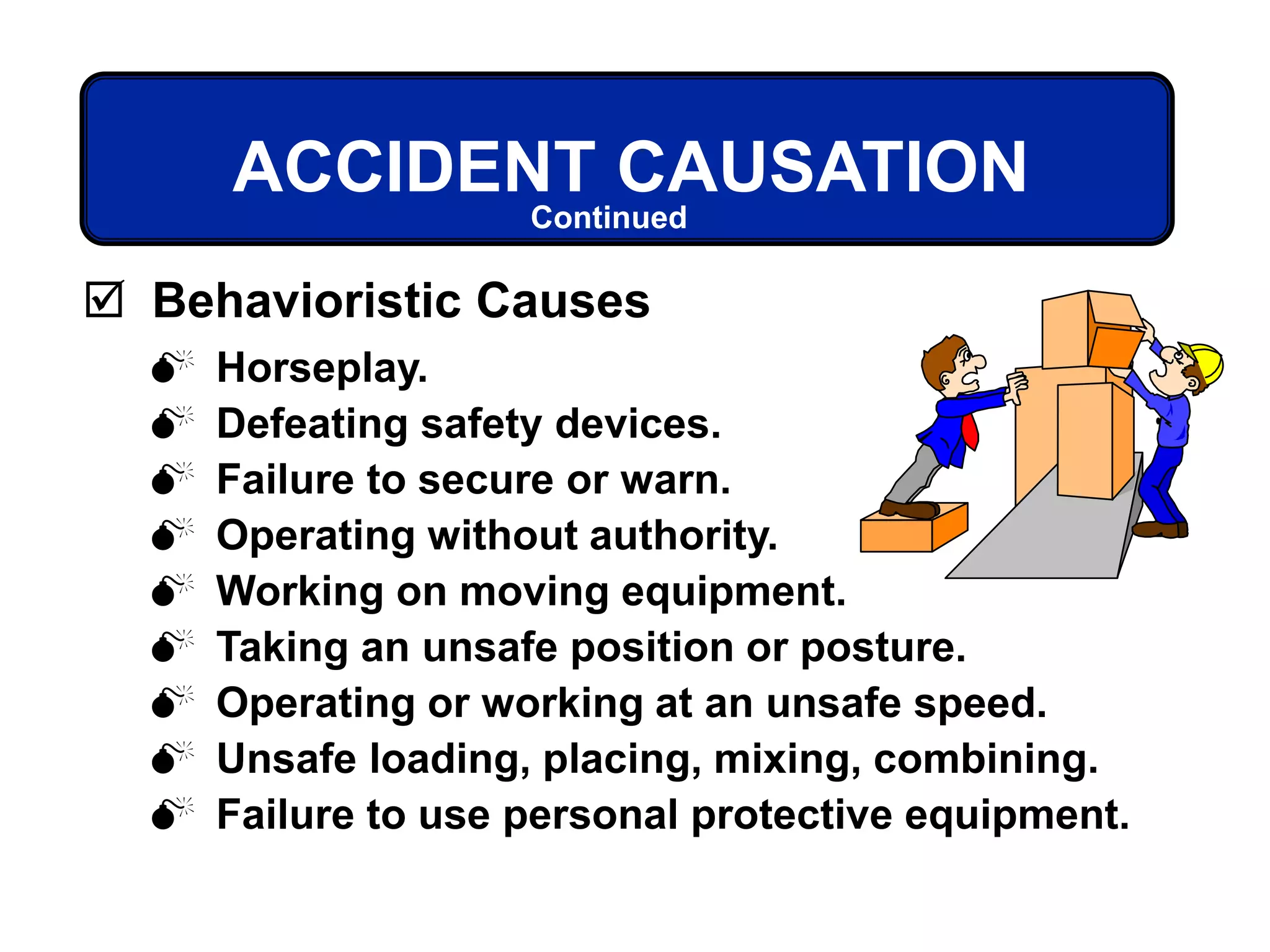  Horseplay.
 Defeating safety devices.
 Failure to secure or warn.
 Operating without authority.
 Working on moving equipment.
 Taking an unsafe position or posture.
 Operating or working at an unsafe speed.
 Unsafe loading, placing, mixing, combining.
 Failure to use personal protective equipment.
ACCIDENT CAUSATION
 Behavioristic Causes
Continued
 