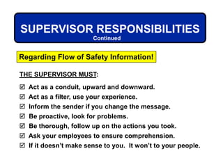 THE SUPERVISOR MUST:
 Act as a conduit, upward and downward.
 Act as a filter, use your experience.
 Inform the sender if you change the message.
 Be proactive, look for problems.
 Be thorough, follow up on the actions you took.
 Ask your employees to ensure comprehension.
 If it doesn’t make sense to you. It won’t to your people.
Regarding Flow of Safety Information!
SUPERVISOR RESPONSIBILITIES
Continued
 