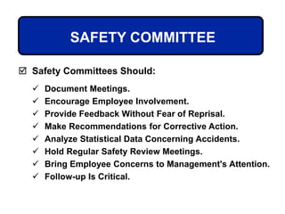  Document Meetings.
 Encourage Employee Involvement.
 Provide Feedback Without Fear of Reprisal.
 Make Recommendations for Corrective Action.
 Analyze Statistical Data Concerning Accidents.
 Hold Regular Safety Review Meetings.
 Bring Employee Concerns to Management's Attention.
 Follow-up Is Critical.
SAFETY COMMITTEE
 Safety Committees Should:
 