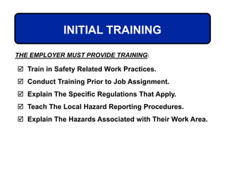 INITIAL TRAINING
 Train in Safety Related Work Practices.
 Conduct Training Prior to Job Assignment.
 Explain The Specific Regulations That Apply.
 Teach The Local Hazard Reporting Procedures.
 Explain The Hazards Associated with Their Work Area.
THE EMPLOYER MUST PROVIDE TRAINING:
 