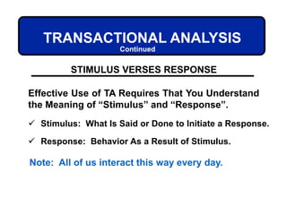 TRANSACTIONAL ANALYSIS
STIMULUS VERSES RESPONSE
Effective Use of TA Requires That You Understand
the Meaning of “Stimulus” and “Response”.
 Stimulus: What Is Said or Done to Initiate a Response.
 Response: Behavior As a Result of Stimulus.
Note: All of us interact this way every day.
Continued
 
