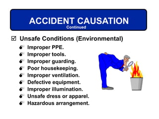  Improper PPE.
 Improper tools.
 Improper guarding.
 Poor housekeeping.
 Improper ventilation.
 Defective equipment.
 Improper illumination.
 Unsafe dress or apparel.
 Hazardous arrangement.
ACCIDENT CAUSATION
 Unsafe Conditions (Environmental)
Continued
 