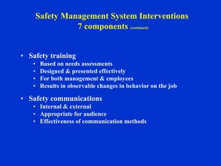 • Safety training
• Based on needs assessments
• Designed & presented effectively
• For both management & employees
• Results in observable changes in behavior on the job
• Safety communications
• Internal & external
• Appropriate for audience
• Effectiveness of communication methods
Safety Management System Interventions
7 components (continued)
 