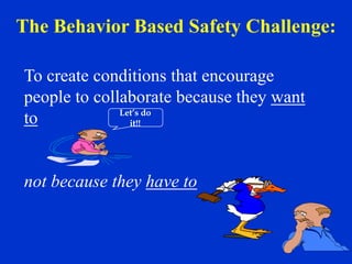 To create conditions that encourage
people to collaborate because they want
to
not because they have to
Let’s do
it!!
The Behavior Based Safety Challenge:
 