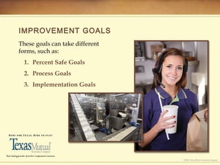 IMPROVEMENT GOALS
These goals can take different
forms, such as:
1. Percent Safe Goals
2. Process Goals
3. Implementation Goals
 