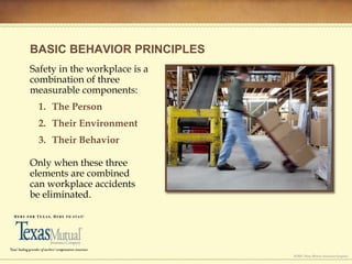 BASIC BEHAVIOR PRINCIPLES
Safety in the workplace is a
combination of three
measurable components:
1. The Person
2. Their Environment
3. Their Behavior
Only when these three
elements are combined
can workplace accidents
be eliminated.
 