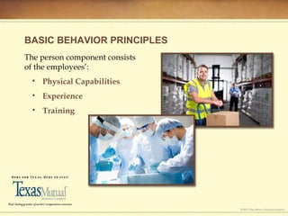 BASIC BEHAVIOR PRINCIPLES
The person component consists
of the employees’:
• Physical Capabilities
• Experience
• Training
 