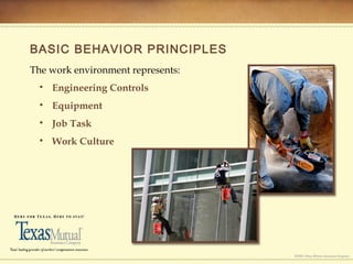 BASIC BEHAVIOR PRINCIPLES
The work environment represents:
• Engineering Controls
• Equipment
• Job Task
• Work Culture
 