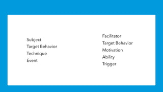 Subject
Target Behavior
Technique
Event
Facilitator
Target Behavior
Motivation
Ability
Trigger
 