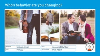 Who’s behavior are you changing?
Michael Alman
Primary
PERSONA
TIER
Accountability User
Porn Addict
ROLE
RELATIONSHIP
 