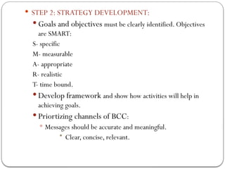  STEP 2: STRATEGY DEVELOPMENT:
 Goals and objectives must be clearly identified. Objectives
are SMART:
S- specific
M- measurable
A- appropriate
R- realistic
T- time bound.
 Develop framework and show how activities will help in
achieving goals.
 Priortizing channels of BCC:
 Messages should be accurate and meaningful.
• Clear, concise, relevant.
 