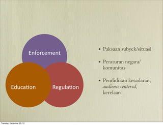 • Paksaan subyek/situasi
                           Enforcement*
                                                • Peraturan negara/
                                                 komunitas

                                                • Pendidikan kesadaran,
          Educa0on*                Regula0on*    audience centered,
                                                 kerelaan




Tuesday, December 25, 12
 