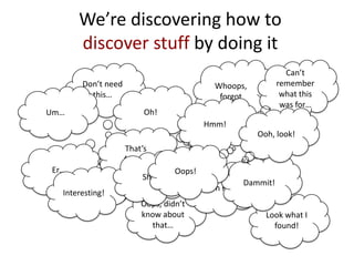 We’re discovering how to
discover stuff by doing it
Whoops,
forgot
Oops, didn’t
know about
that…
Look what I
found!
Don’t need
this…
Can’t
remember
what this
was for…
Um…
Er…
Oh!
Oh F…
Dammit!
Hmm!
That’s
funny!
Ooh, look!
Interesting!
Sh..!
Oops!
 