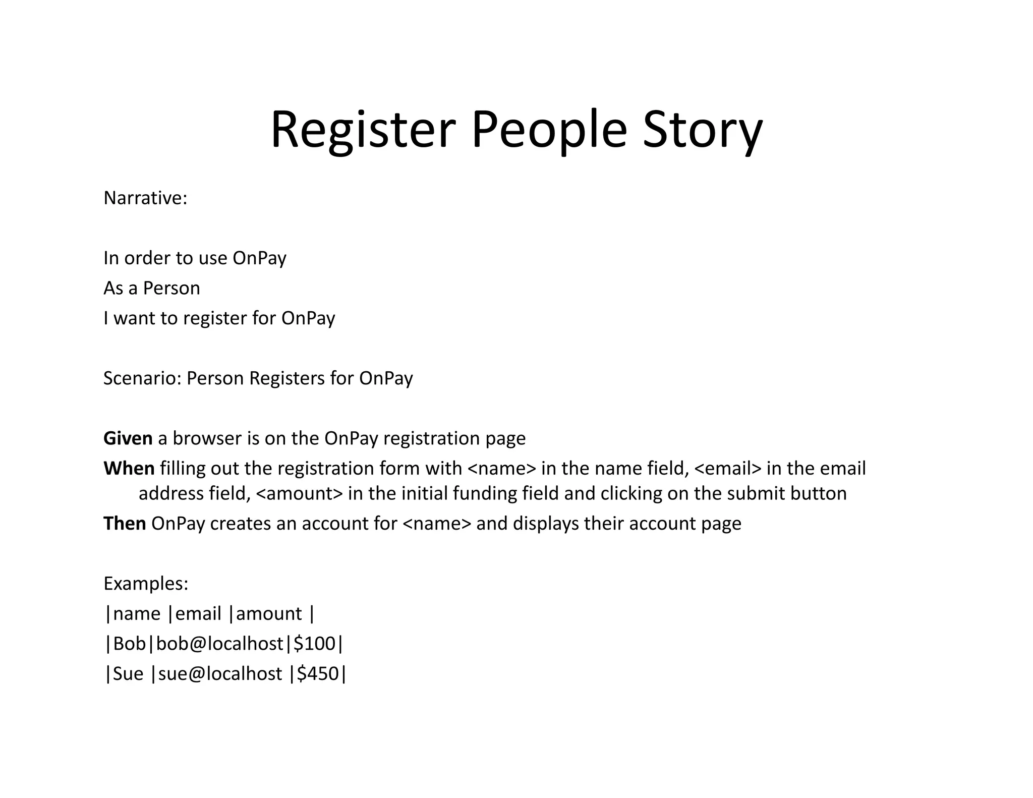Register People Story
                     g         p       y
Narrative:

In order to use OnPay
As a Person
I want to register for OnPay

Scenario: Person Registers for OnPay 

Given a browser is on the OnPay registration page
When filling out the registration form with <name> in the name field, <email> in the email 
    address field, <amount> in the initial funding field and clicking on the submit button  
Then OnPay creates an account for <name> and displays their account page

Examples:
|name |email |amount | 
|
|Bob|bob@localhost|$100|
     |    @        |$    |
|Sue |sue@localhost |$450|
 