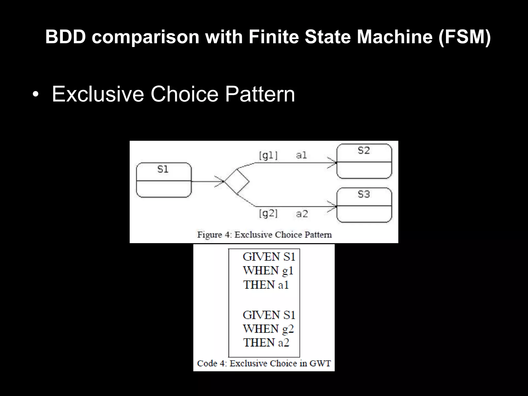 BDD comparison with Finite State Machine (FSM)


• Exclusive Choice Pattern
 