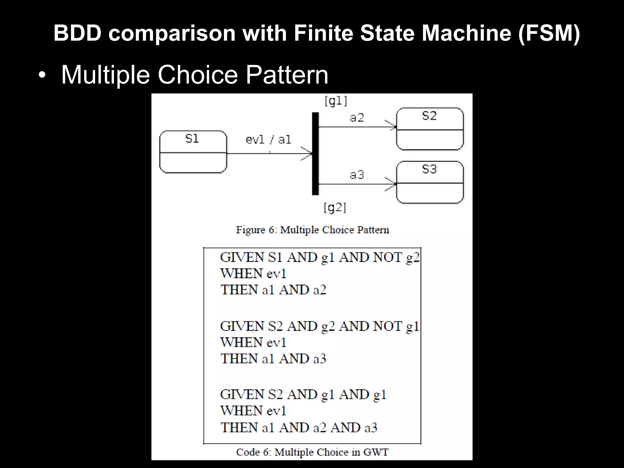 BDD comparison with Finite State Machine (FSM)
• Multiple Choice Pattern
 