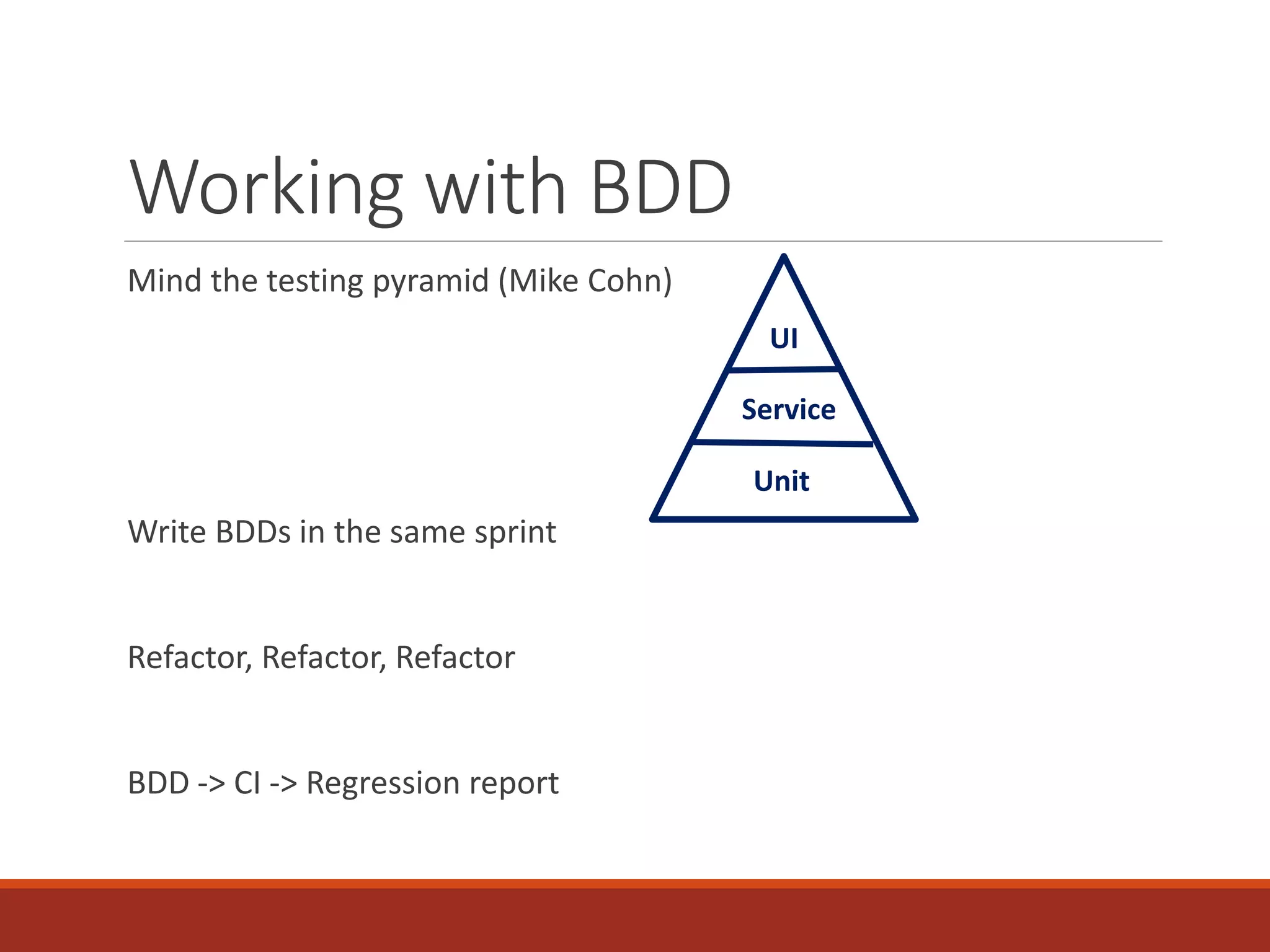 Working with BDD
Mind the testing pyramid (Mike Cohn)
Write BDDs in the same sprint
Refactor, Refactor, Refactor
BDD -> CI -> Regression report
UI
Service
Unit
 