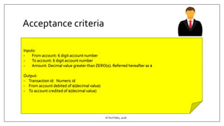 Acceptance criteria
©TechTalks, 2018
Inputs:
- From account: 6 digit account number
- To account: 6 digit account number
- Amount: Decimal value greater than ZERO(0). Referred hereafter as $
Output:
- Transaction id: Numeric id
- From account debited of $(decimal value)
- To account credited of $(decimal value)
 