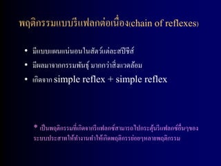 พฤติกรรมแบบรี แฟลกต่อเนื่อง(chain of reflexes)

 • มีแบบแผนแน่นอนในสัตว์แต่ละสปี ชีส์
 • มีผลมาจากกรรมพันธุ์ มากกว่าสิ่ งแวดล้อม
 • เกิดจาก simple reflex + simple reflex



   * เป็ นพฤติกรรมที่เกิดจากรี แฟลกซ์สามารถไปกระตุนรี แฟลกซ์อื่นๆของ
                                                  ้
   ระบบประสาทให้ทางานทาให้เกิดพฤติกรรย่อยๆหลายพฤติกรรม
 