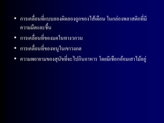 • การเคลื่อนที่แบบลองผิดลองถูกของไส้เดือน ในกล่องพลาสติกที่มี
  ความมืดและชื้น
• การเคลื่อนที่ของมดในทางวกวน
• การเคลื่อนที่ของหนูในเขาวงกต
• ความพยายามของสุ นขที่จะไปกินอาหาร โดยมีเชือกอ้อมเสาไม้อยู่
                      ั
 