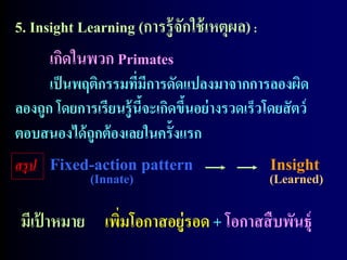 5. Insight Learning (การรู้ จกใช้ เหตุผล) :
                             ั
      เกิดในพวก Primates
      เป็ นพฤติกรรมทีมีการดัดแปลงมาจากการลองผิด
                       ่
ลองถูก โดยการเรียนรู้ นีจะเกิดขึนอย่ างรวดเร็วโดยสั ตว์
                         ้      ้
ตอบสนองได้ ถูกต้ องเลยในครั้งแรก
สรุป Fixed-action pattern                      Insight
              (Innate)                         (Learned)


 มีเป้ าหมาย เพิมโอกาสอยู่รอด + โอกาสสื บพันธุ์
                ่
 
