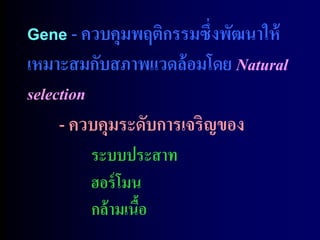 Gene - ควบคุมพฤติกรรมซึ่งพัฒนาให้
เหมาะสมกับสภาพแวดล้ อมโดย Natural
selection
     - ควบคุมระดับการเจริญของ
        ระบบประสาท
        ฮอร์ โมน
        กล้ ามเนือ
                 ้
 