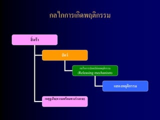 กลไกการเกิดพฤติกรรม

สิ่ งเร้ า

                          สั ตว์

                                        กลไกการปลดปล่อยพฤติกรรม
                                       (Releasing mechanism)


                                                                  แสดงพฤติกรรม

             เหตุจูงใจ(ความพร้ อมทางร่ างกาย)
 