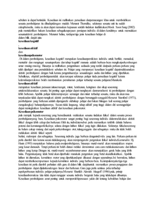 sebelum ia dapat bertindak. Kesediaan ini melibatkan persediaan danperancangan khas untuk membolehkan
sesuatu pembelajaran itu dihadapidengan mudah. Menurut Thorndike, sekiranya sesuatu unit itu sudah
cukupbersedia, maka ia akandapat merasakan kepuasan setelah tindakan itudilakukan.Mook SoonSang (2002)
pula mentakrifkan hukum kesediaan sebagaikeupayaan persiapan individu didalam kendirinya untuk memulakan
sesuatuaktiviti pembelajaran. Menurut beliau, terdapat tiga jenis kesediaan belajar di
dalam bilik darjah iaitu
kesediaankognitif
,
kesediaanafektif
dan
kesediaanpsikomotor
.Di dalam pembelajaran, kesediaan kognitif merupakan kesediaanpemikiran individu untuk berfikir, menaakul,
mentafsir dan mengingat sesuatuperkara dantahap kognitif manusia adalah berbeza-beza mengikutperkembangan
umur masing-masing. Biasanya ia melibatkan pengetahuan sediaada yang terdiri daripada perkara-perkara yang
telah dipelajari ataupernahdialami sebelum ini. Pelajar yang mempunyai kesediaan kognitif dapatmelaksanakan
aktiviti pembelajaran dengan baik kerana pengetahuannya sesuaidengan usaha danlatihan yang diperlukan.
Sebaliknya, objektif pembelajarantidak akantercapai sekiranya pelajar tiada persediaan kognitif kerana
kelemahanpemikiran boleh membataskan pemahaman pelajar terhadap sesuatu pelajaran.Manakala
kesediaanafektif
merupakan kesediaan perasaan iaitusemangat, minat, ketekunan, keinginan dan sikap seseorang
untukmelaksanakan sesuatu. Ini penting agar pelajar dapat menghayati danmemahami isi pembelajaran dengan
lebih berkesan. Apabila pelajar tidakmempunyai semangat danminat terhadap sesuatu, maka dia akanrasa
terpaksadan tidak dapat mengikuti aktiviti pembelajaran dengan bersungguh-sungguh.Menurut Stamford (1971),
pembelajaran yang berkesan adalah dipengaruhi olehsikap pelajar danbukan bilangan kali seorang pelajar
mengulangkaji bahanpelajarannya. Secara tidak langsung, tahap afektif yang tinggi dalam diri seorangpelajar
dapat meningkatkan kesediaan afektif dankesediaan psikomotor.
Kesediaanpsikomotor
pula merujuk kepadaseseorang yang bersediauntuk melakukan sesuatu tindakan fizikal dalam sesuatu proses
pembelajaranyang baru. Kesediaan psikomotor sangat penting bagi seseorang individu dalammelakukan aktiviti
fizikal dengan lebih cekapdan berkesan. Oleh itu, individutersebut perlu memastikan terlebih dahulu bahawa
potensi dankematanganfizikalnya selaras dengan latihan fizikal yang ingin dilakukan. Sekiranya fizikalseseorang
itu belum cukup matang dari aspekperkembangan otot, tulang,anggota dansebagainya maka dia tidak boleh
melakukan aktiviti fizikal seperti
berlari, melompat dansebagainya. Seseorang individu juga berbeza denganindividu yang lain. Perkara-perkara ini
perlu diambil kira kerana secara tidaklangsung akanmempengaruhi pergerakan fizikal individu.Kamarudin Hj.
Husin (1993) menyatakan bahawa padaawalpembelajaran, biasanya murid-murid akanmenunjukkan respon
yang kasar dansusah. Tetapi perkara ini boleh diatasi melalui demonstrasi cara-cara melakukansesuatu danlatihan-
latihan yang kerap.Dengan ini, murid-murid secaraberansur-ansur akanmenunjukkan gerak balas yang lebih
halus. Pergerakanyang tidak betul akandiperbaiki manakala pergerakan yang betul akandikukuhkan. Apabila
latihan ini diteruskan, kemahiran motor yang diperlukandapat dikuasai dengan sepenuhnya.Ini bermakna, latihan
dapat memberikesempurnaan kepadakemahiran individu yang berbeza-beza. Kesimpulannyaketiga-tiga
kesediaan ini perlu diambil perhatian oleh guru di dalam bilik darjahuntuk memastikan proses pengajaran dan
pembelajaran dapat dijalankandengan lancar danberkesan. Guru juga perlu sentiasa pekaterhadap
aspekperbezaan individu pelajar-pelajarnya.Menurut Sharifah Alawiah Alsagoff (1986)pula, prinsip
kesediaanbermakna kita tidak dapat mengajar sesuatu individu bergerak balas yang tidakdapat dibuatnya.
Kesediaan pembelajaran amat penting untuk memperolehiperasaan yakin diri tentang kebolehan belajar dan
 