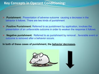 Key Concepts in Operant Conditioning:
 Punishment: Presentation of adverse outcome causing a decrease in the
behavior it follows. There are two kinds of punishment
 Positive Punishment: Referred to as punishment by application, involves the
presentation of an unfavorable outcome in order to weaken the response it follows.
 Negative punishment: Referred to as punishment by removal…favorable event or
outcome is removed after a behavior occurs.
In both of these cases of punishment, the behavior decreases.
 