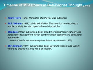  Clark Hull’s (1943) Principles of behavior was published.
 B.F. Skinner (1948) published Walden Two in which he described a
utopian society founded upon behaviorist principles.
 Bandura (1963) publishes a book called the "Social leaning theory and
personality development" which combines both cognitive and behavioral
frameworks.
* Journal of the Experimental Analysis of Behavior (published in 1958)
 B.F. Skinner (1971) published his book Beyond Freedom and Dignity,
where he argues that free will is an illusion.
Timeline of Milestones in Behaviorist Thought (Cont.)
 