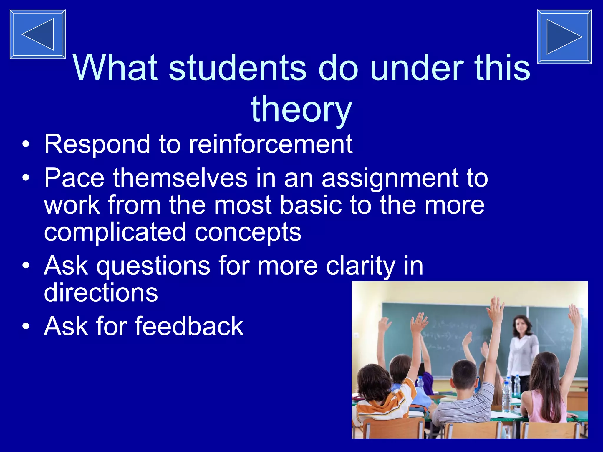 What students do under this theory Respond to reinforcement Pace themselves in an assignment to work from the most basic to the more complicated concepts  Ask questions for more clarity in directions Ask for feedback 