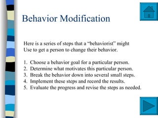 Behavior Modification

Here is a series of steps that a “behaviorist” might
Use to get a person to change their behavior.

1.   Choose a behavior goal for a particular person.
2.   Determine what motivates this particular person.
3.   Break the behavior down into several small steps.
4.   Implement these steps and record the results.
5.   Evaluate the progress and revise the steps as needed.
 