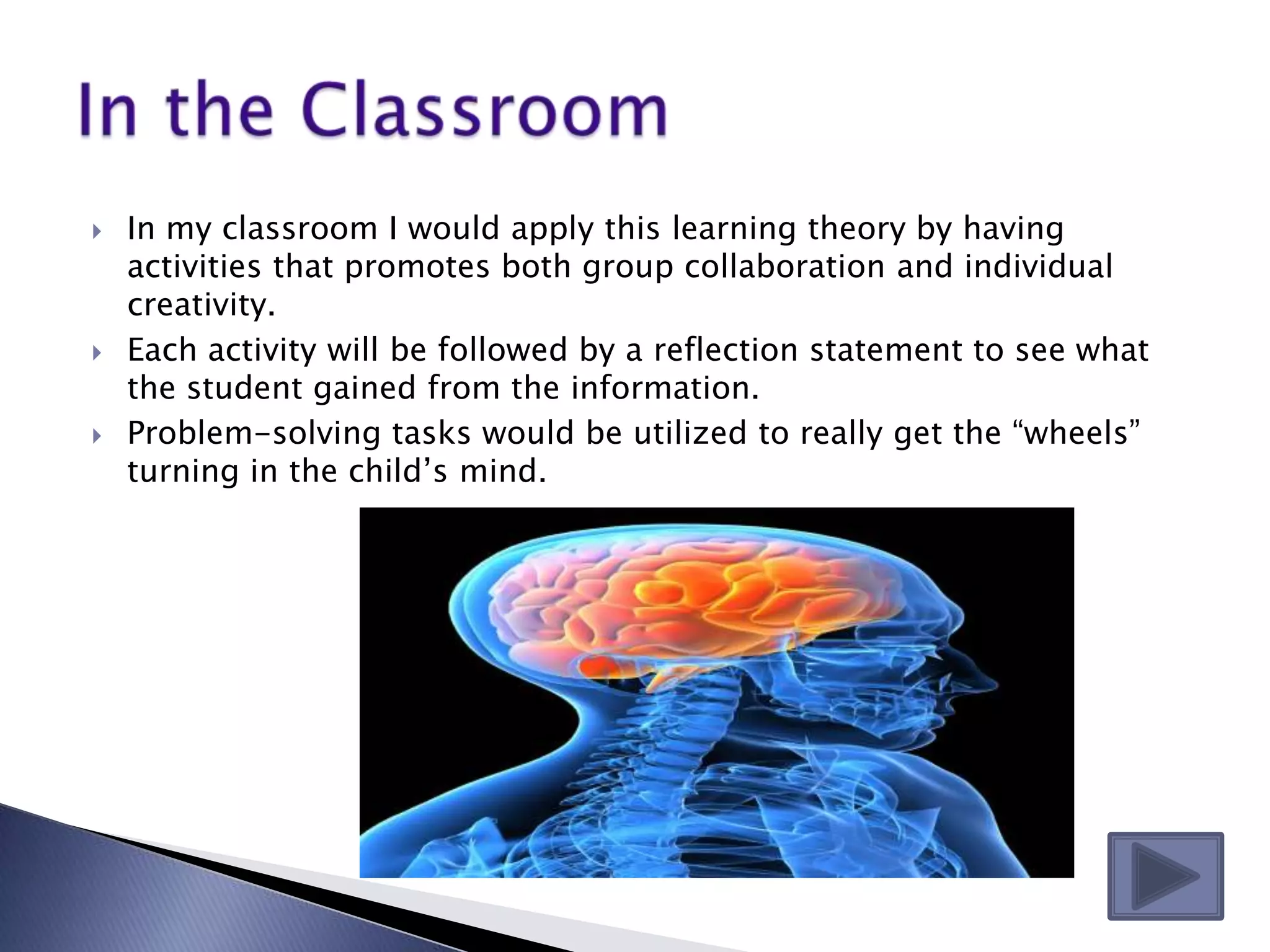   In my classroom I would apply this learning theory by having
    activities that promotes both group collaboration and individual
    creativity.
   Each activity will be followed by a reflection statement to see what
    the student gained from the information.
   Problem-solving tasks would be utilized to really get the “wheels”
    turning in the child’s mind.
 