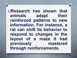 OResearch has shown that
animals adapt their
reinforced patterns to new
information. For instance, a
rat can shift its behavior to
respond to changes in the
layout of a maze it had
previously mastered
through reinforcements.
 