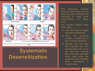 Systematic
Desensitization
This technique involves
having a client make a list of
fears and then teaching the
individual to relax while
concentrating on these
fears.
The process follows three
basic steps.
First, the client is taught
relaxation techniques.
Next, the individual
creates a ranked list of
fear invoking situations.
Starting with the least
fear inducing item and
working their way up to
the most fear inducing
item, the client confronts
these fears under the
guidance of the therapist
while maintaining a
relaxed state.
 