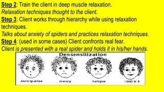 Step 2: Train the client in deep muscle relaxation.
Relaxation techniques thought to the client.
Step 3: Client works through hierarchy while using relaxation
techniques.
Talks about anxiety of spiders and practices relaxation techniques.
Step 4: (used in some cases) Client confronts real fear.
Client is presented with a real spider and holds it in his/her hands.
 