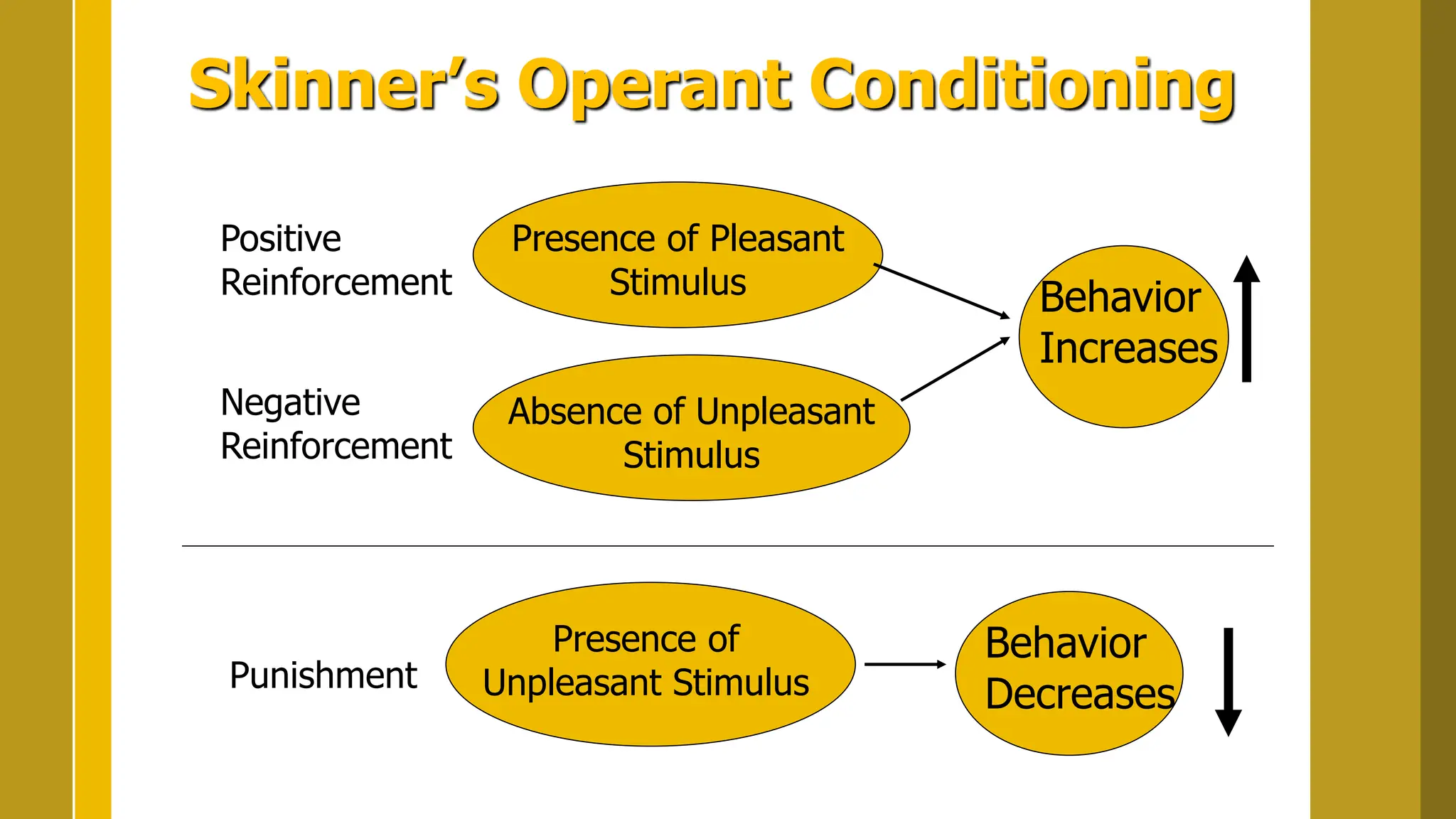 Skinner’s Operant Conditioning
Behavior
Increases
Behavior
Decreases
Positive
Reinforcement
Negative
Reinforcement
Punishment
Presence of Pleasant
Stimulus
Absence of Unpleasant
Stimulus
Presence of
Unpleasant Stimulus
 