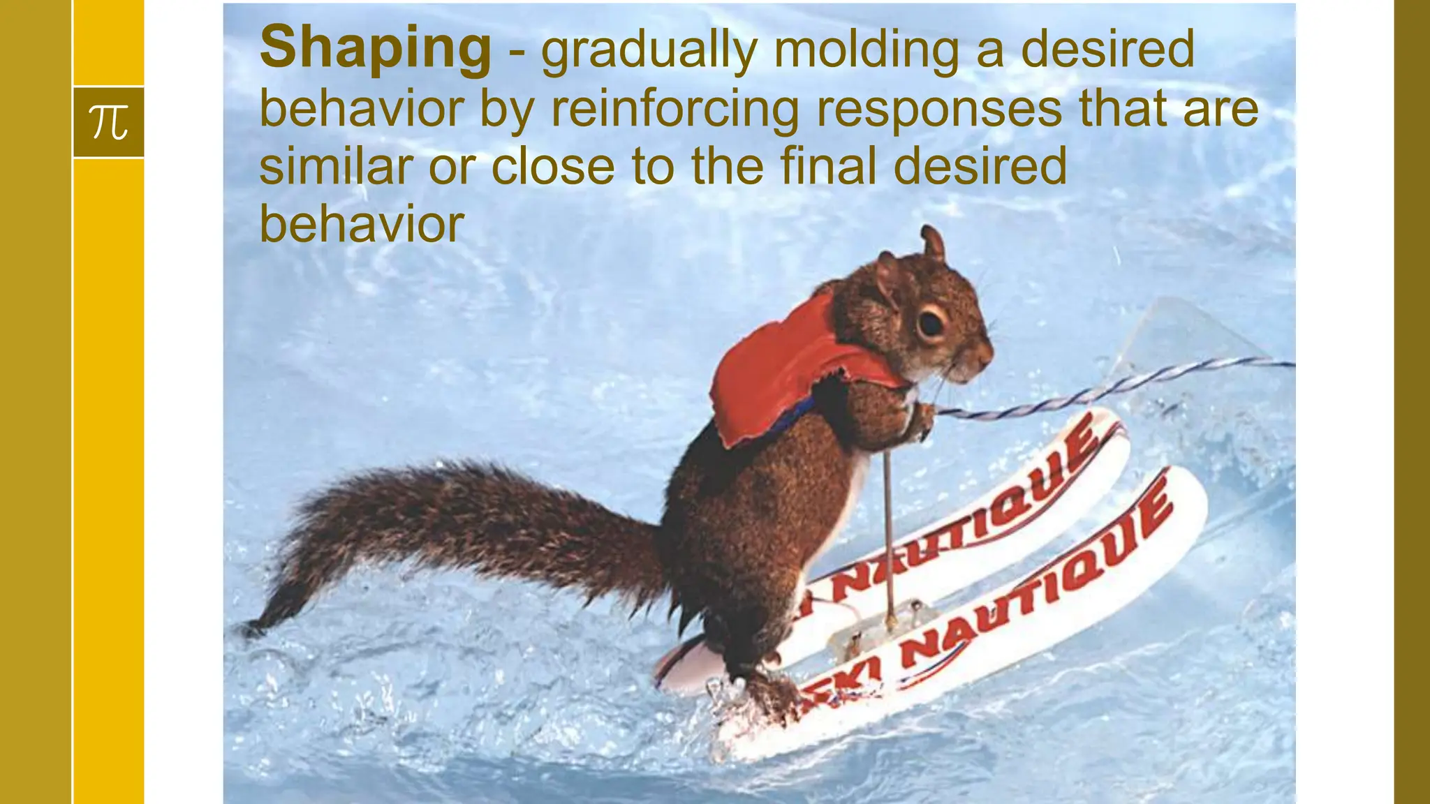 Shaping - gradually molding a desired
behavior by reinforcing responses that are
similar or close to the final desired
behavior
 