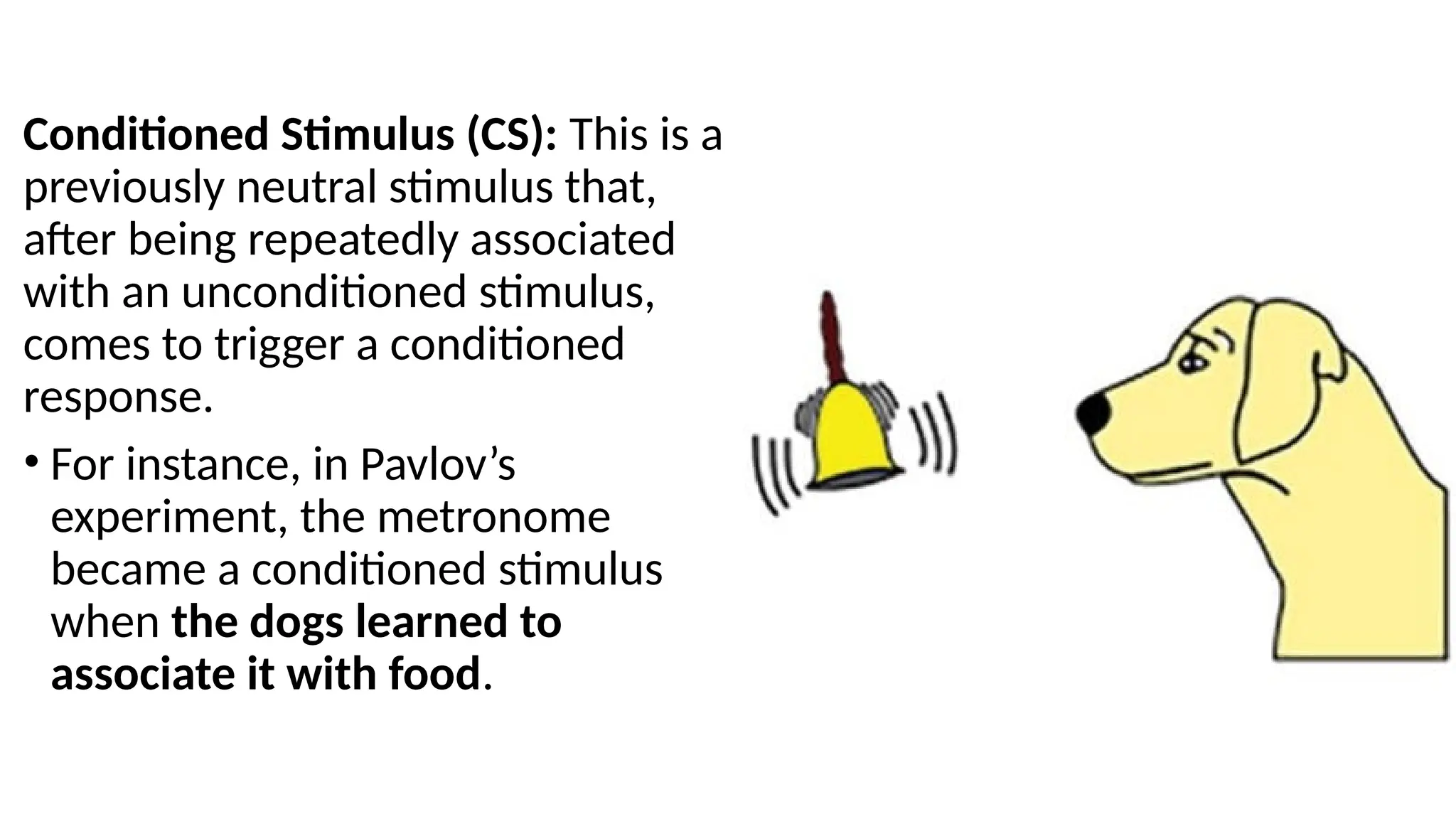 Conditioned Stimulus (CS): This is a
previously neutral stimulus that,
after being repeatedly associated
with an unconditioned stimulus,
comes to trigger a conditioned
response.
• For instance, in Pavlov’s
experiment, the metronome
became a conditioned stimulus
when the dogs learned to
associate it with food.
 