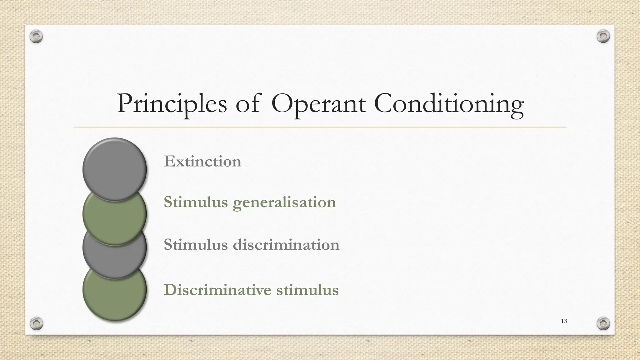 Principles of Operant Conditioning
13
Extinction
Stimulus generalisation
Stimulus discrimination
Discriminative stimulus
 