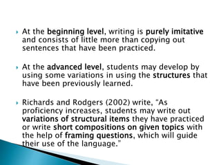  At the beginning level, writing is purely imitative
and consists of little more than copying out
sentences that have been practiced.
 At the advanced level, students may develop by
using some variations in using the structures that
have been previously learned.
 Richards and Rodgers (2002) write, “As
proficiency increases, students may write out
variations of structural items they have practiced
or write short compositions on given topics with
the help of framing questions, which will guide
their use of the language.”
 
